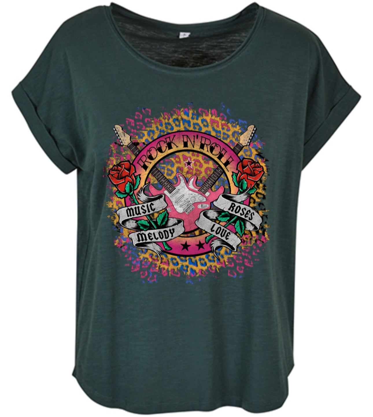 ZarahSkull Slub T bottle green "Rock'n'Roll Leo rainbow"