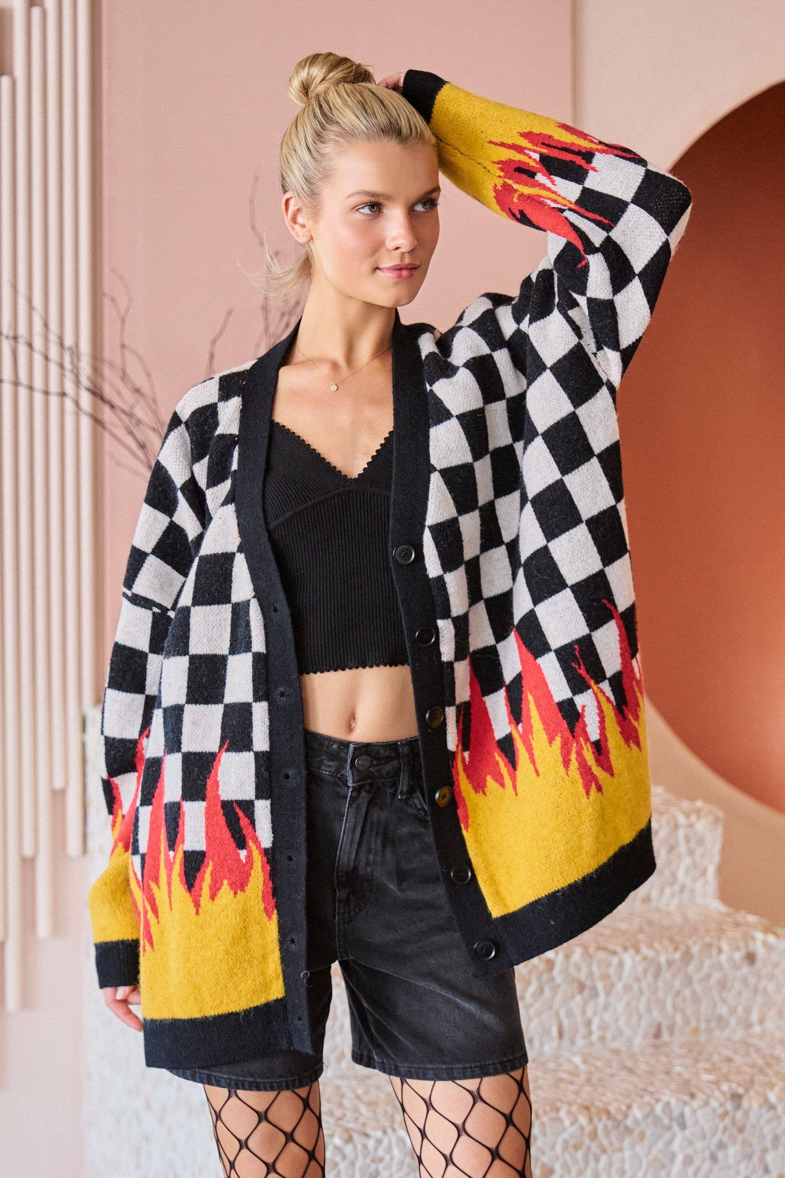 ZarahSkull Racing‑Flammen‑Strickjacke 1XL/2XL