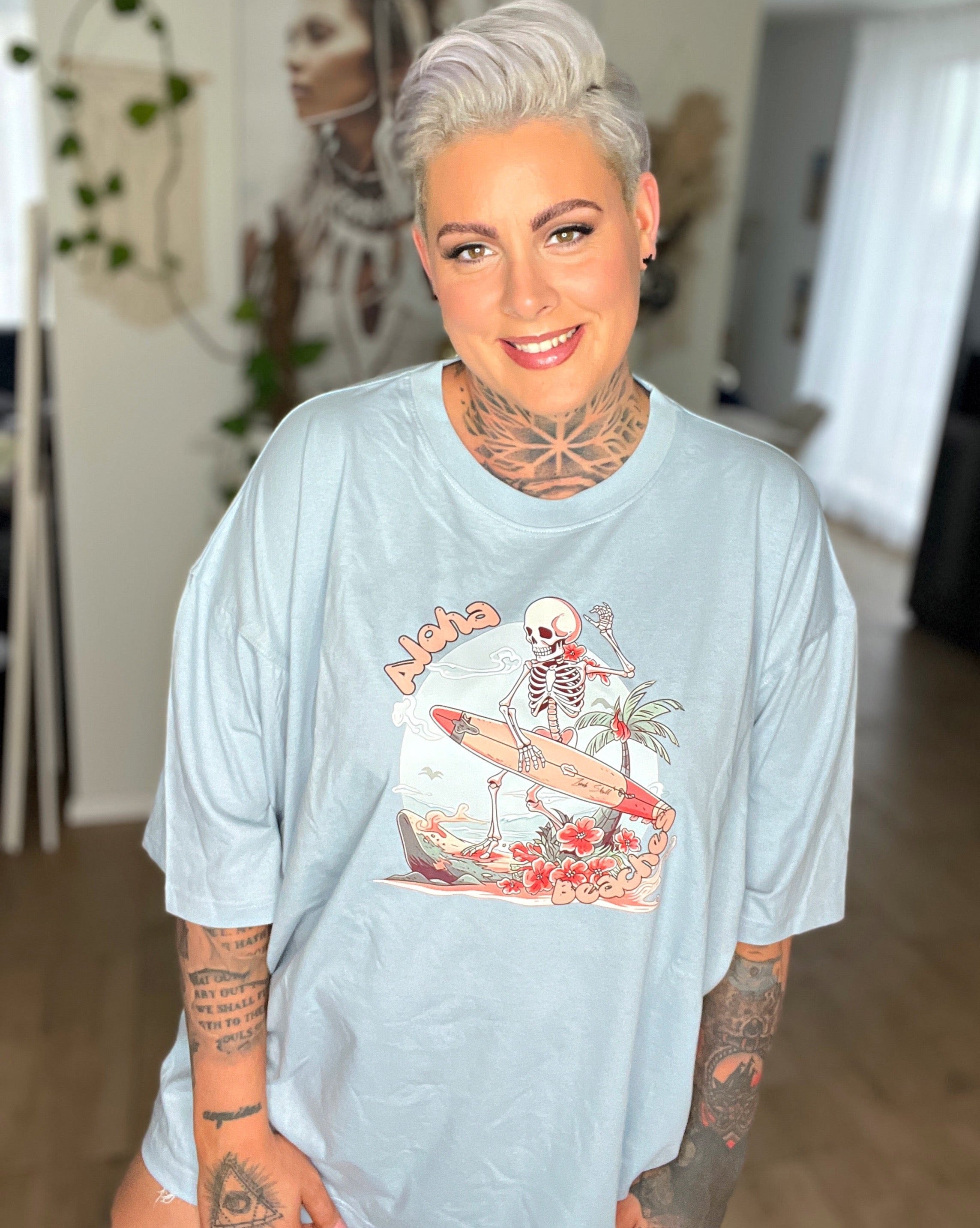 ZarahSkull Shirt light blue "Aloha Beaches Skull“