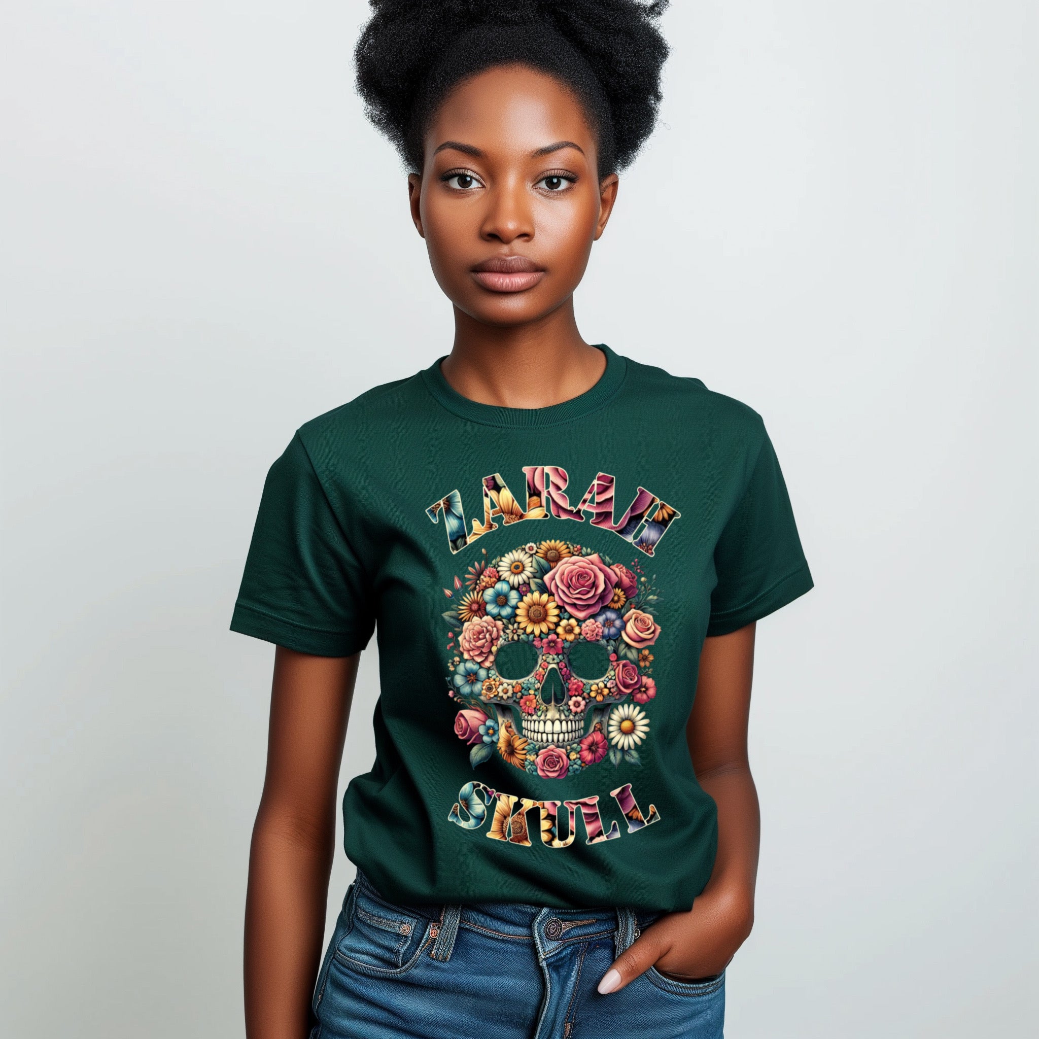 ZarahSkull Shirt bottle green "Zarah Skull Flowers"