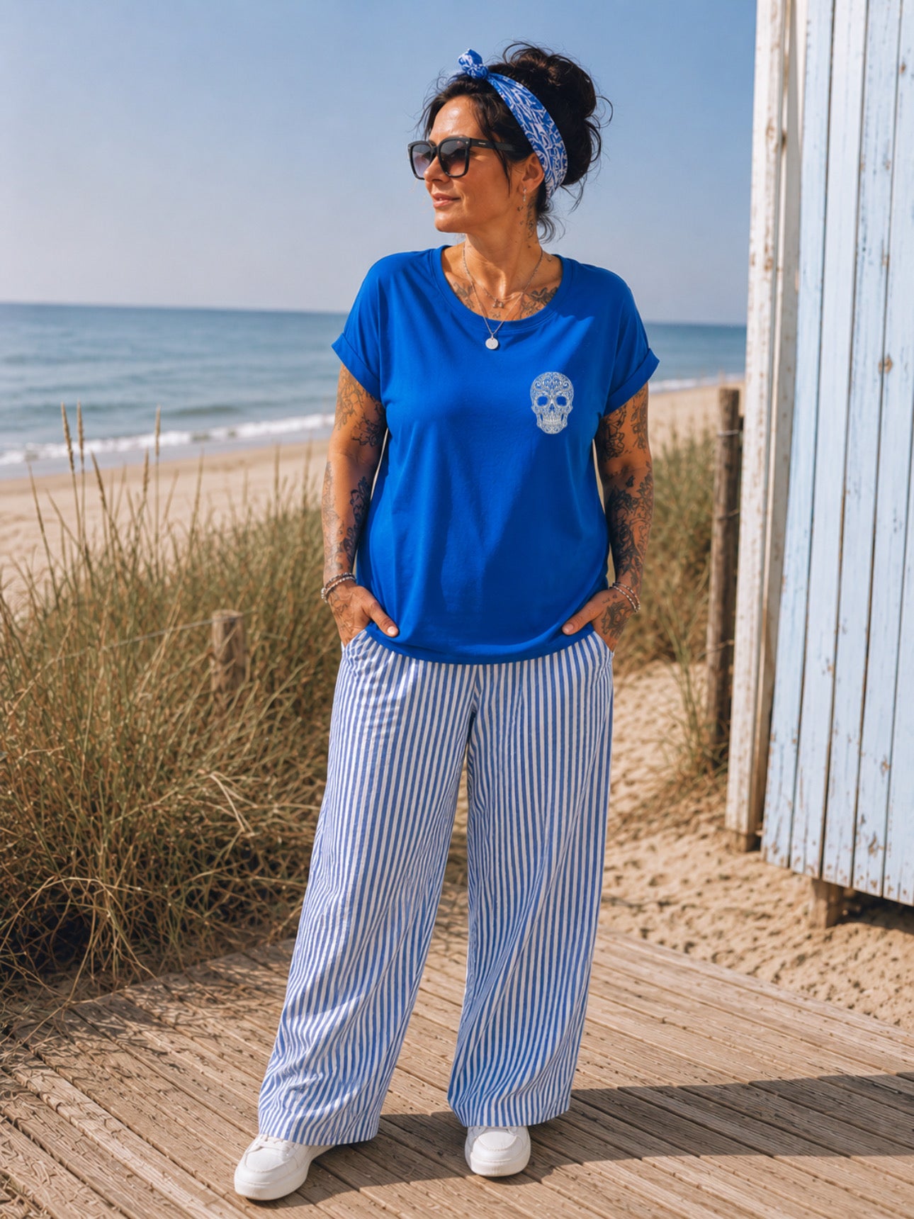 „ZarahSkull" Slub-Tee royal blau "Skull ornaments"