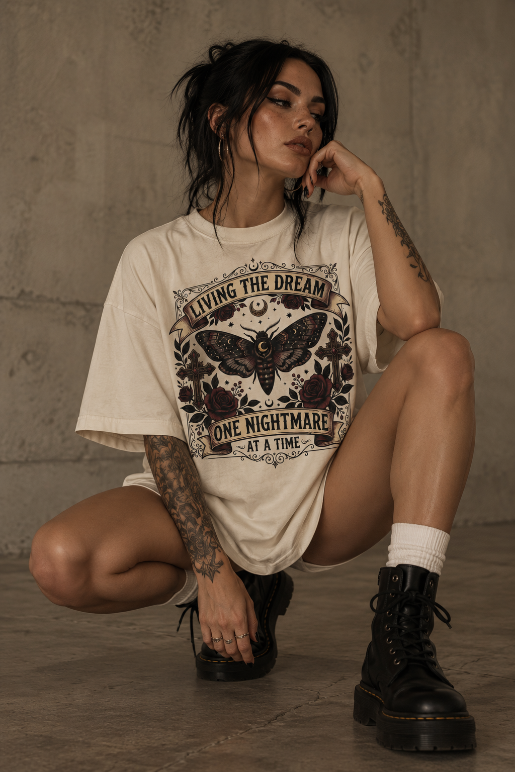 ZarahSkull Oversize Shirt Sand "One Nightmare"