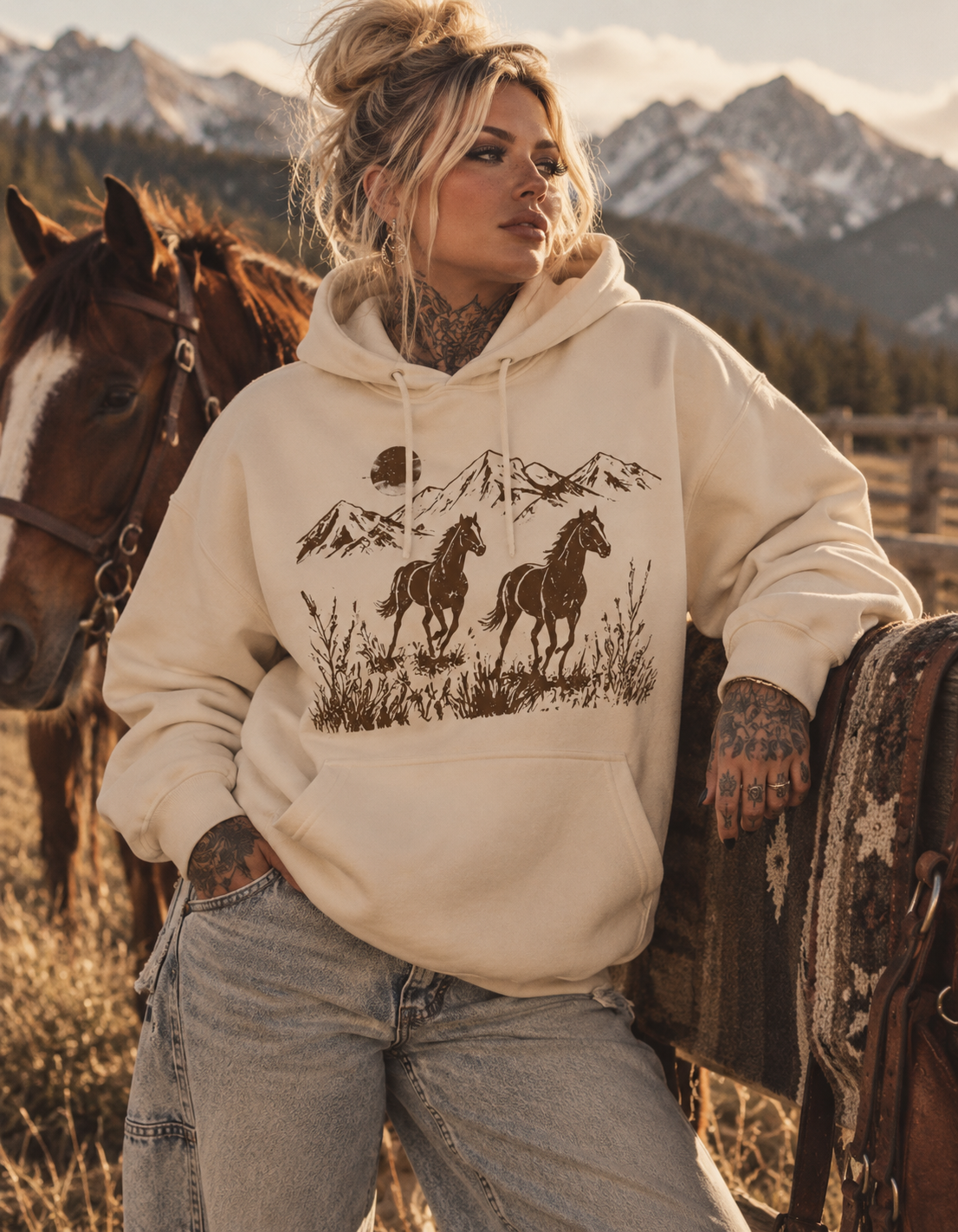 „ZarahSkull" Hoodie white sand "Horses"