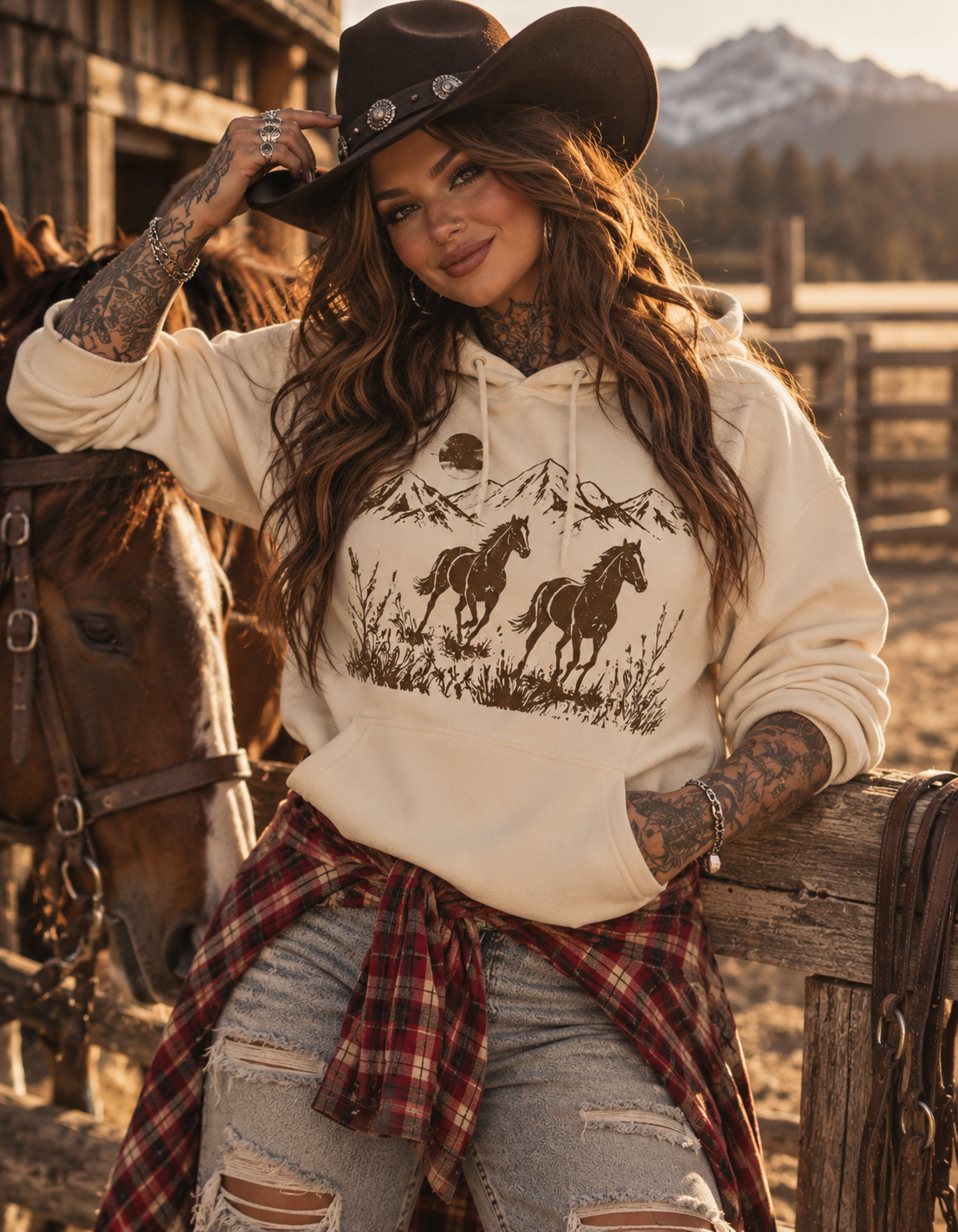 „ZarahSkull" Hoodie white sand "Horses"