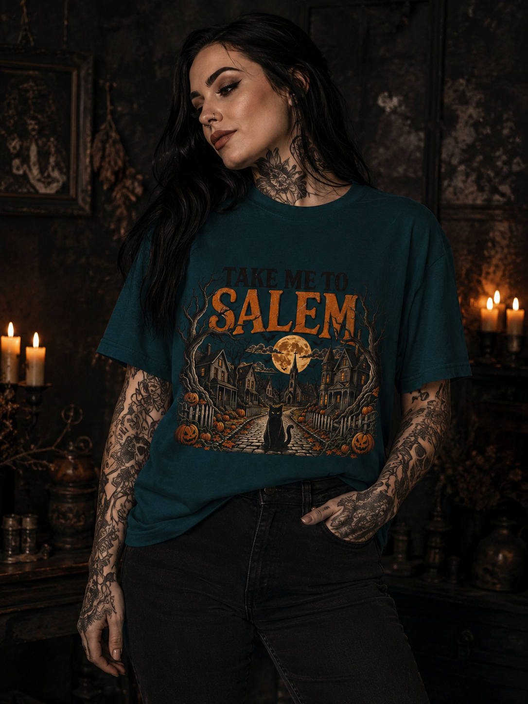 ZarahSkull Shirt retro green "Take me to Salem"