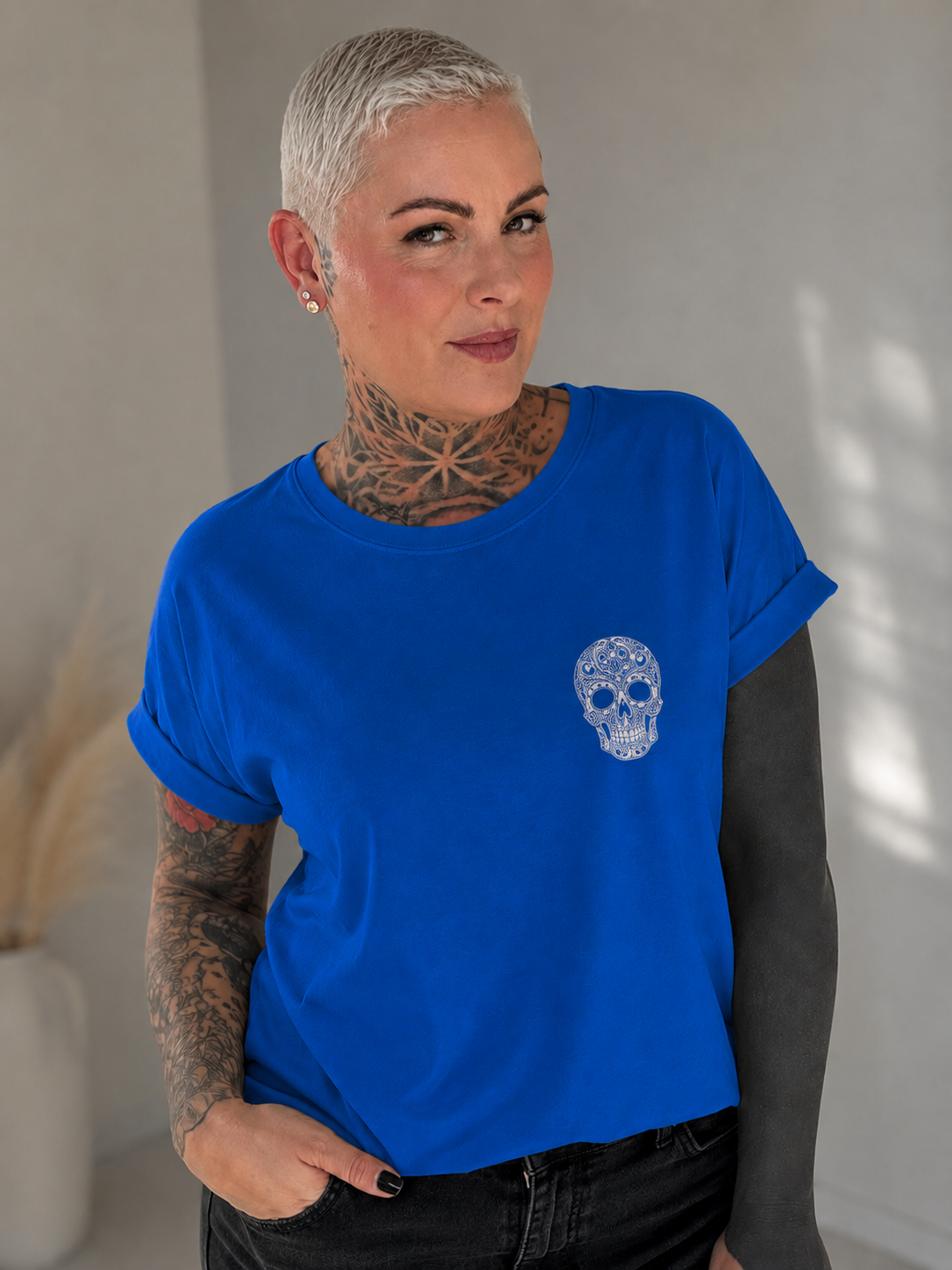„ZarahSkull" Slub-Tee royal blau "Skull ornaments"
