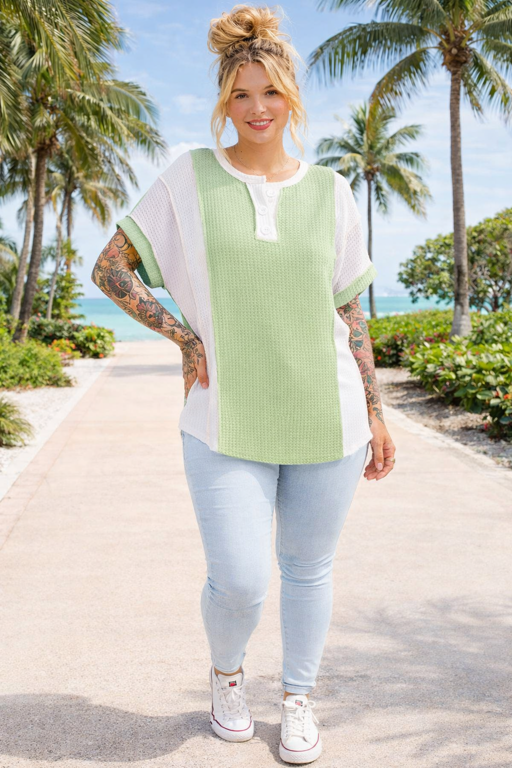ZarahSkull Plus Size Colorblock Waffelstrick Henley-Top grün-pastel