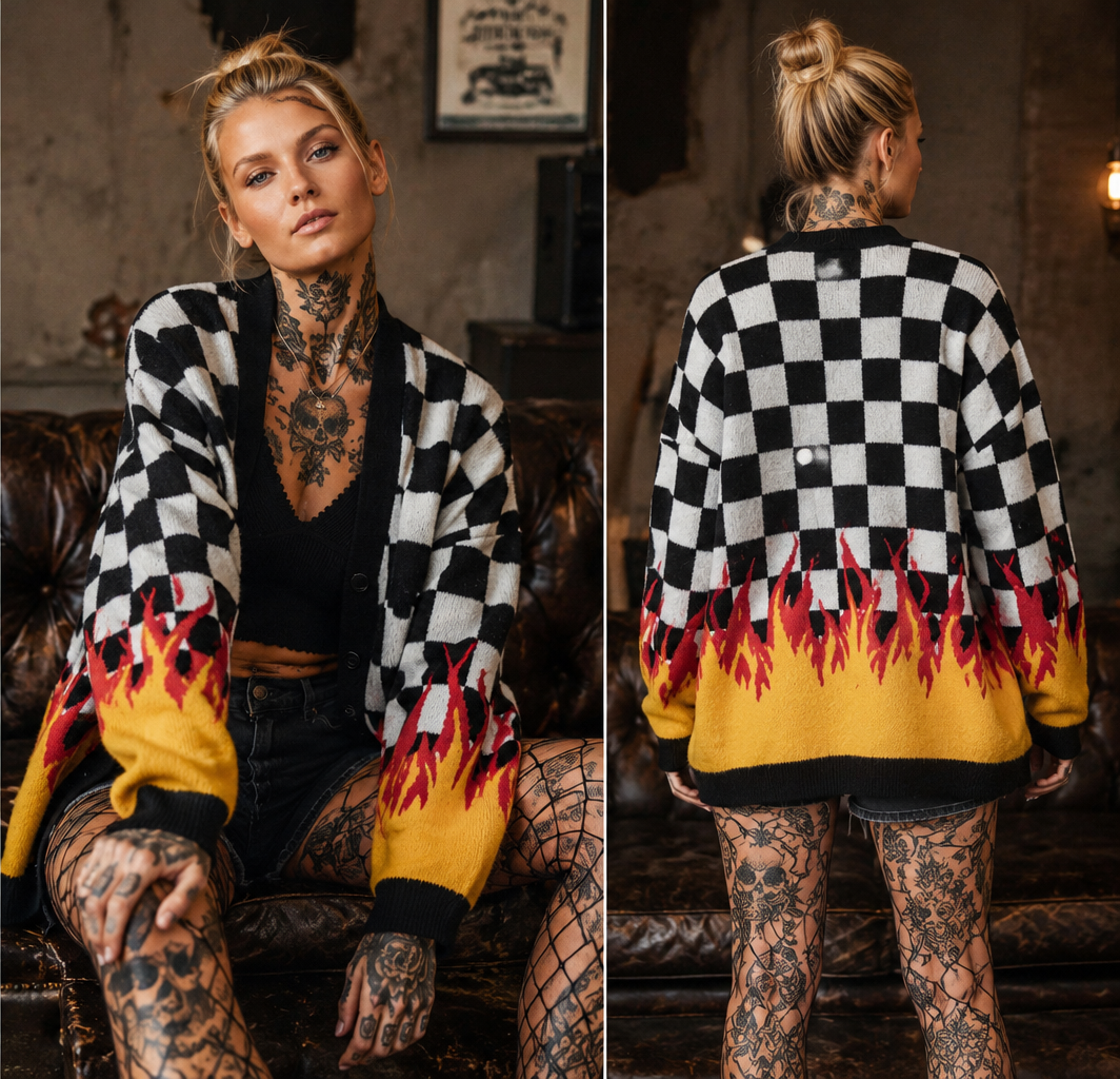 ZarahSkull Racing‑Flammen‑Strickjacke 1XL/2XL