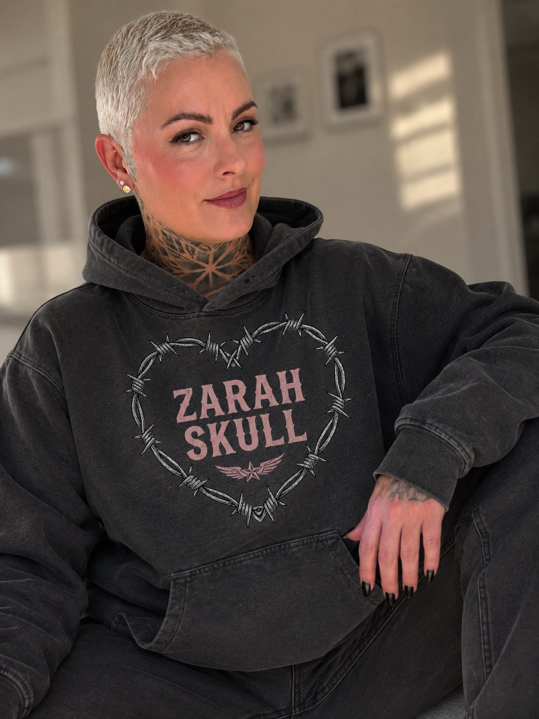 „ZarahSkull" Hoodie washed black „ZS chain“