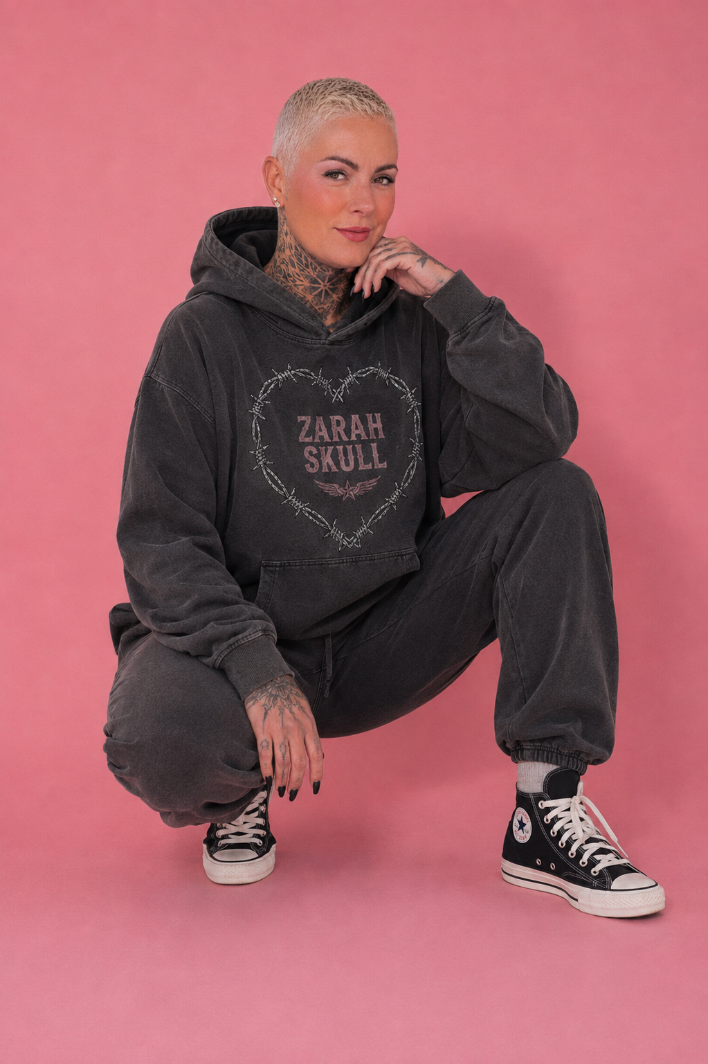 „ZarahSkull" Hoodie washed black „ZS chain“