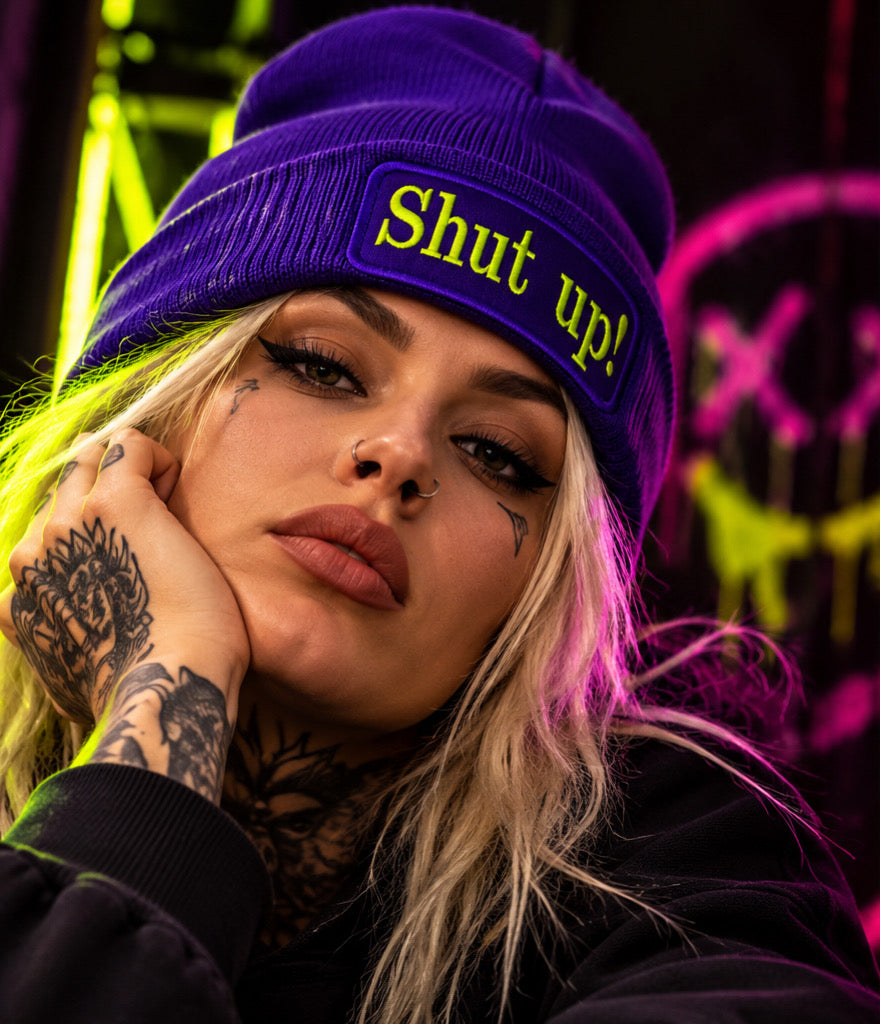Beanie purple „shutup“ Neon gelb