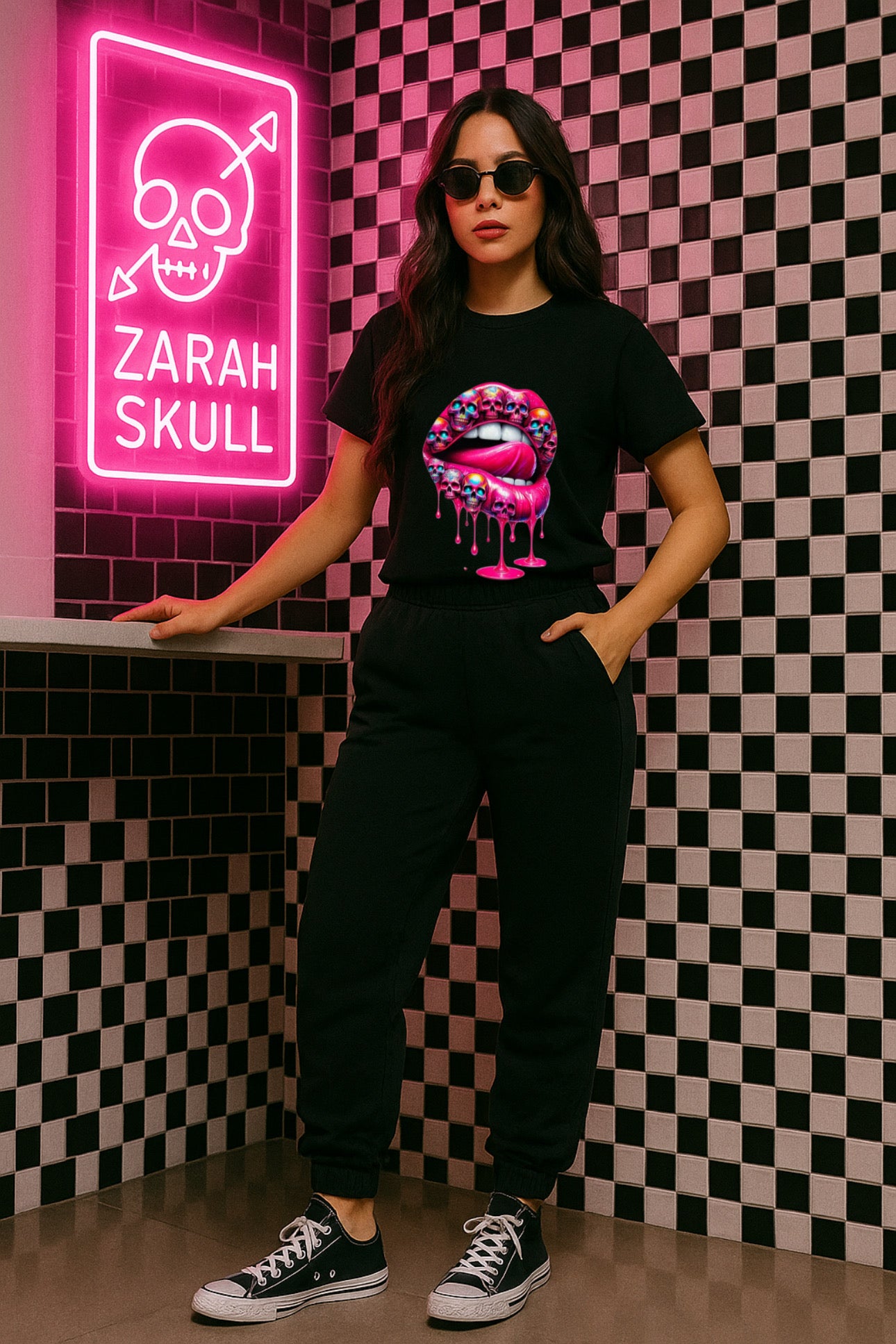 ZarahSkull Shirt black "Kiss pink drip "