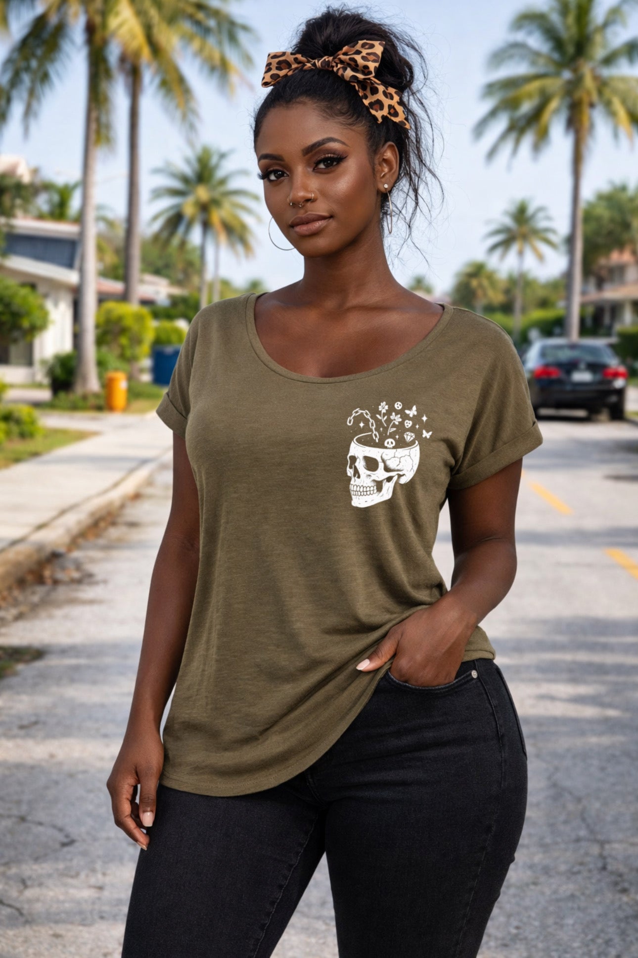 „ZarahSkull" Slub-Tee olive „Reclaim your mind"