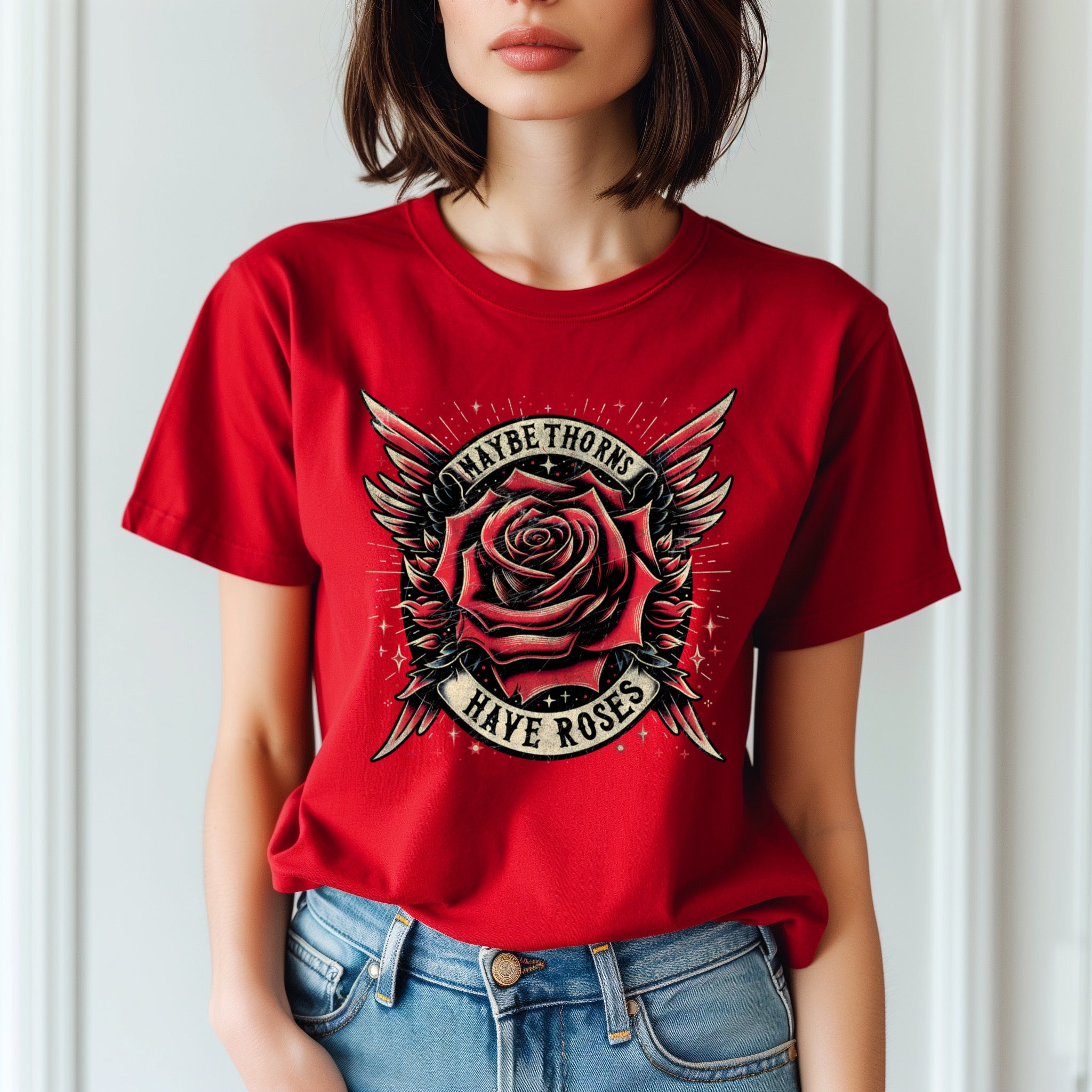 ZarahSkull Shirt red "maybe thorns have roses"