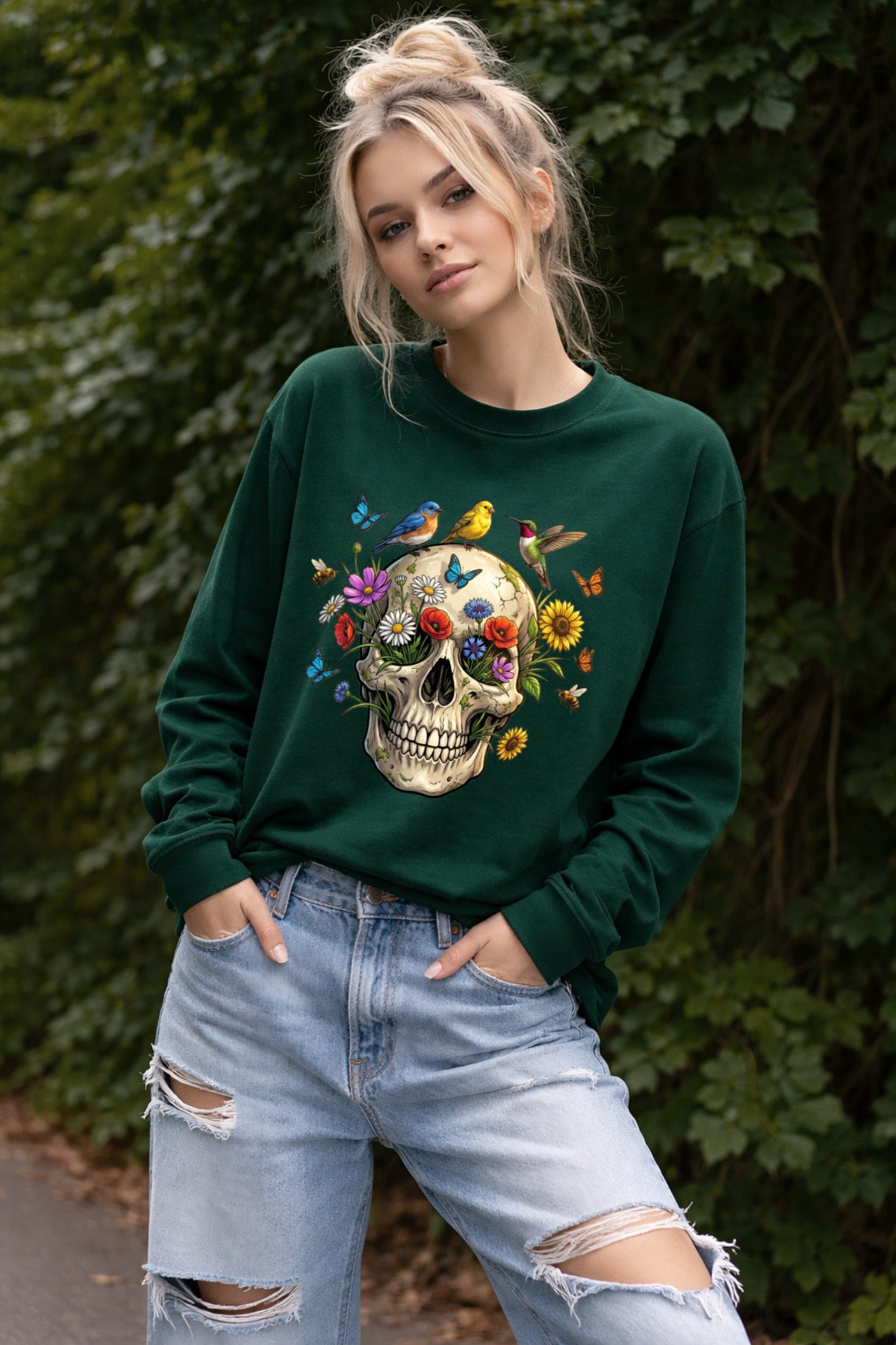 „ZarahSkull" Long Sleeve green „Skull Flowers Part 2“