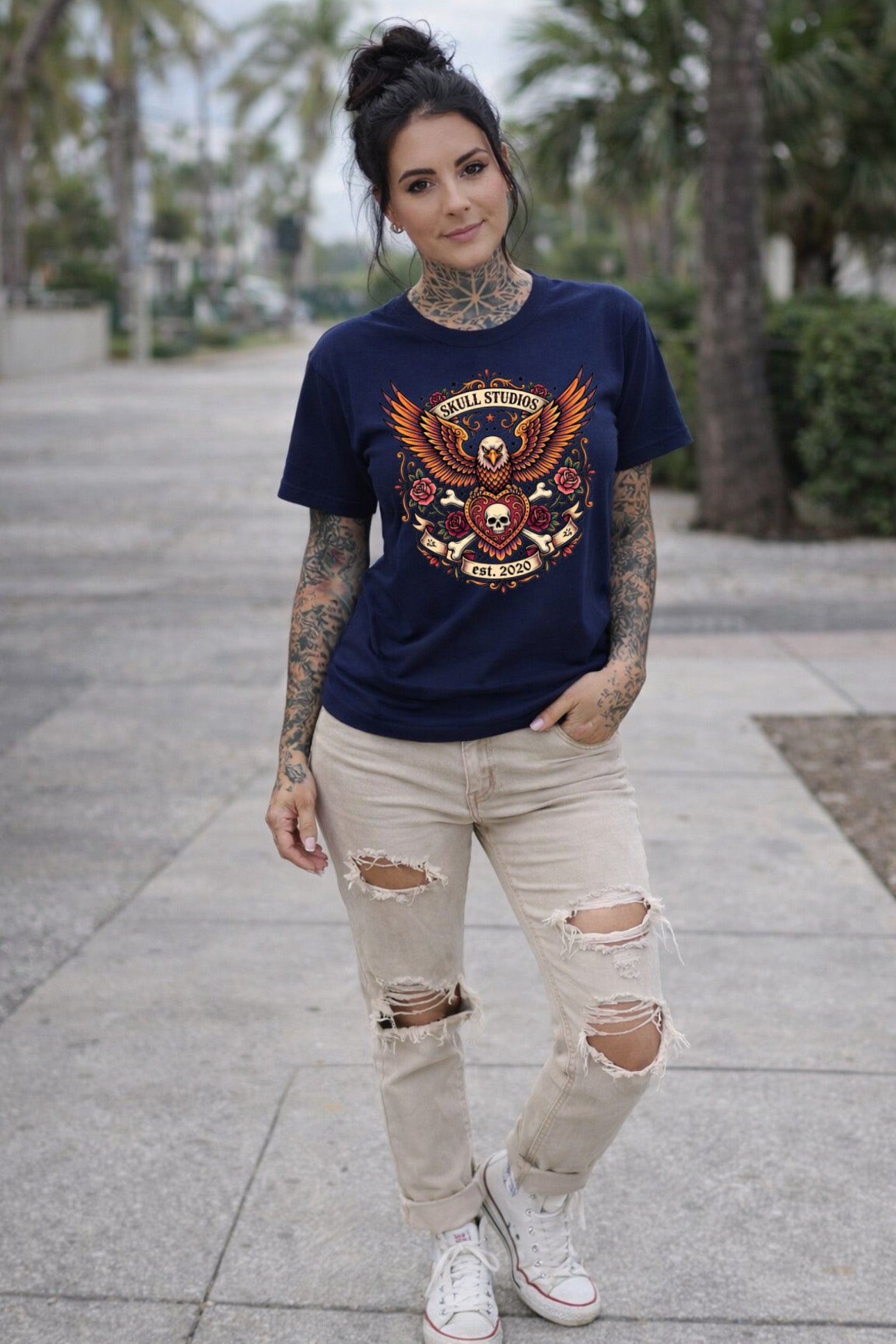 ZarahSkull Shirt navy blau „Skull Studios Eagle“