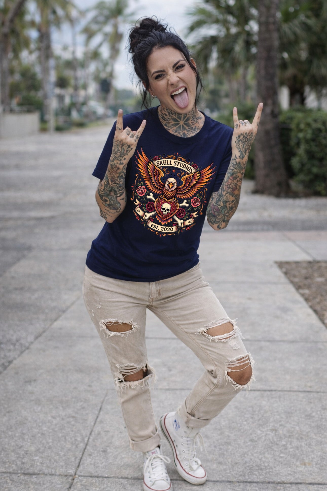 ZarahSkull Shirt navy blau „Skull Studios Eagle“