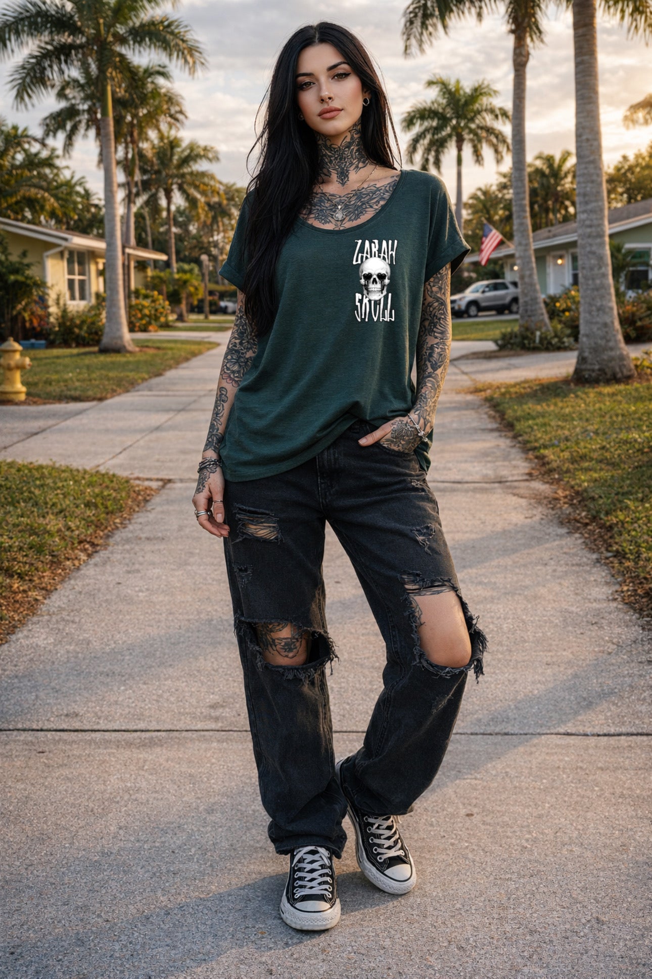 ZarahSkull Slub T bottle green "Skull Heart Eye“
