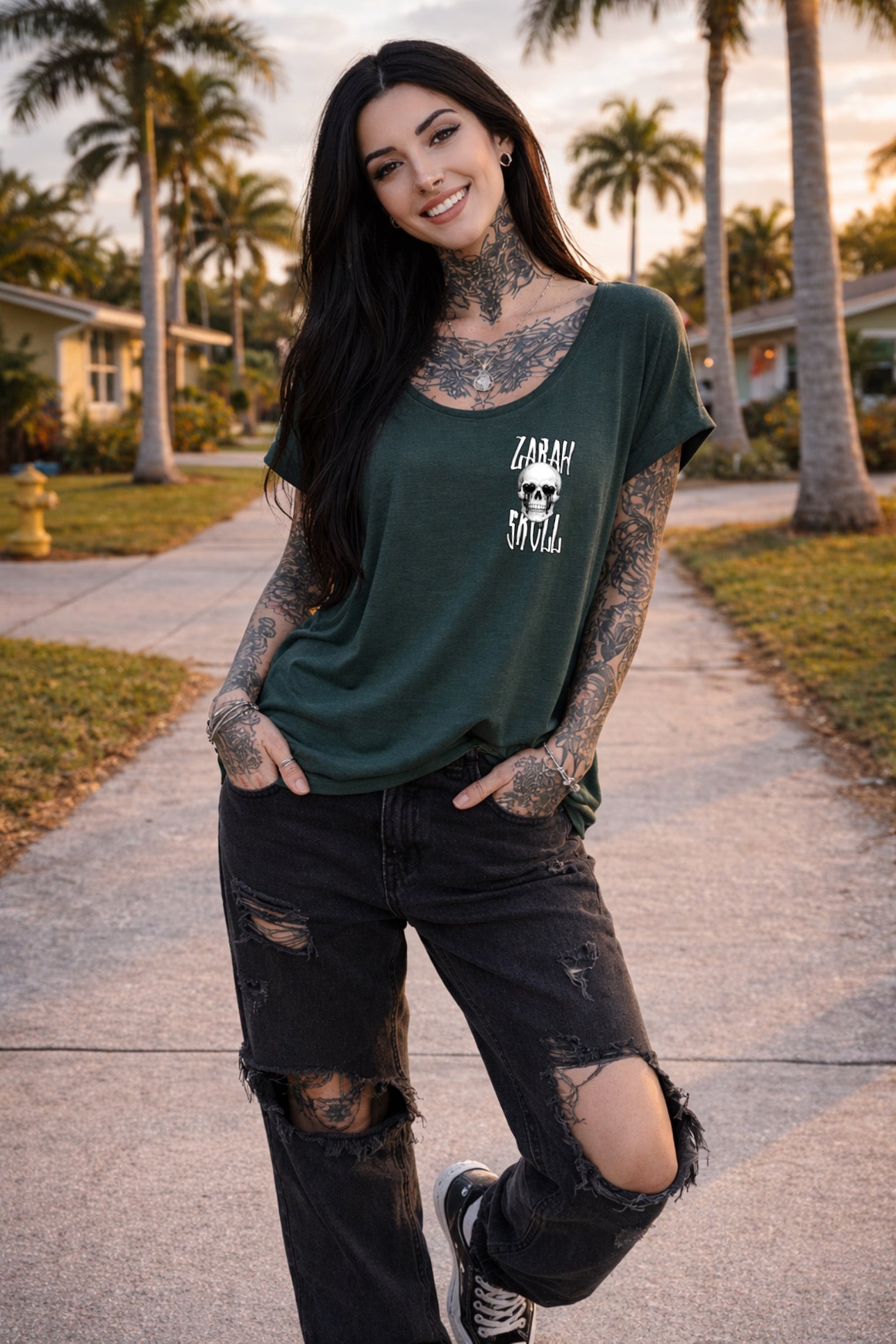 ZarahSkull Slub T bottle green "Skull Heart Eye“