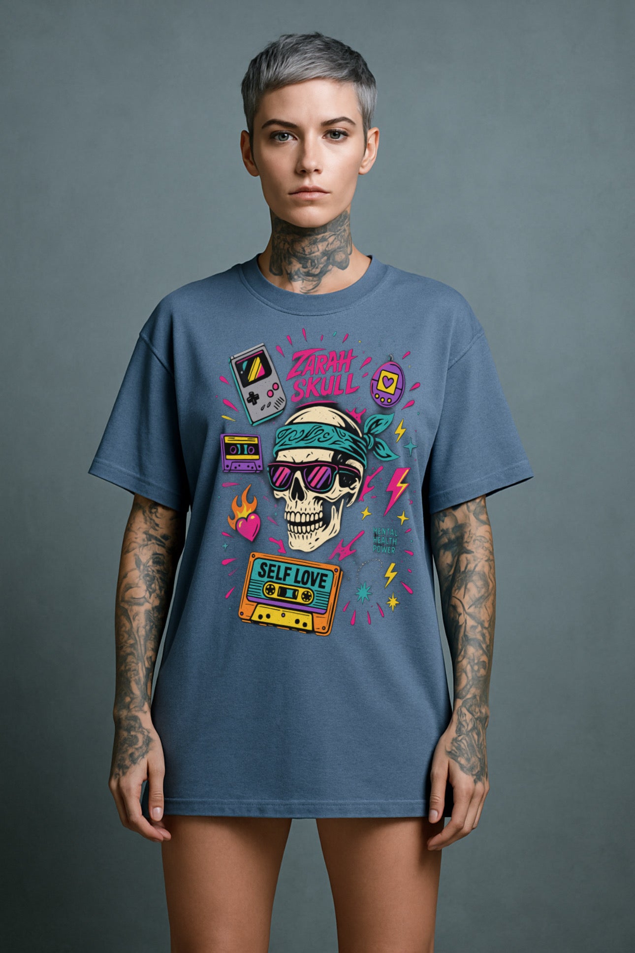 ZarahSkull Oversize Shirt vintage blue "Zarah Skull Retro"