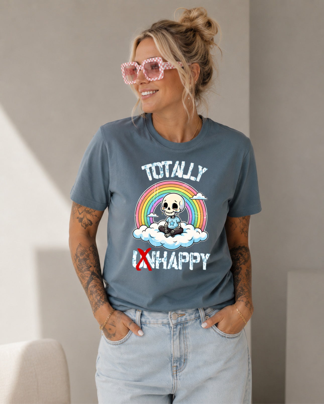 ZarahSkull Shirt dusty blue "still unhappy"