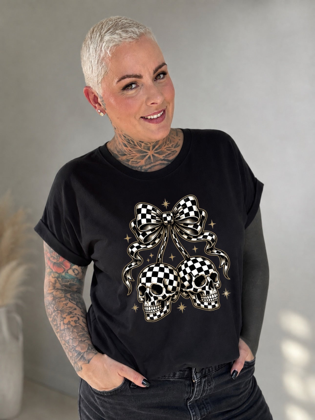 ZarahSkull Shirt black "Skull Cherry checkerboard“