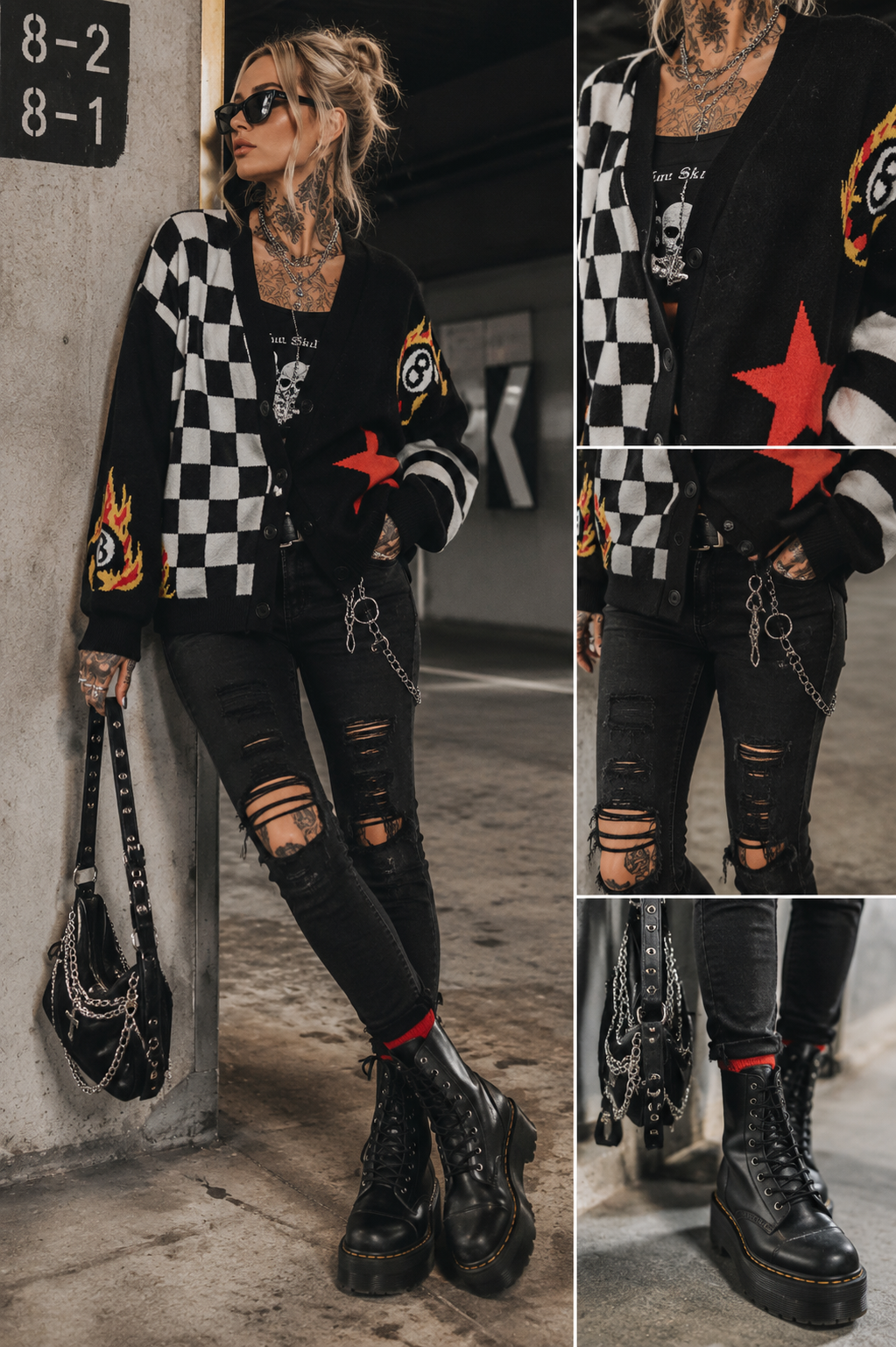 Zarah Skull Strickcardigan Schachbrett-8-Ball-Grafik