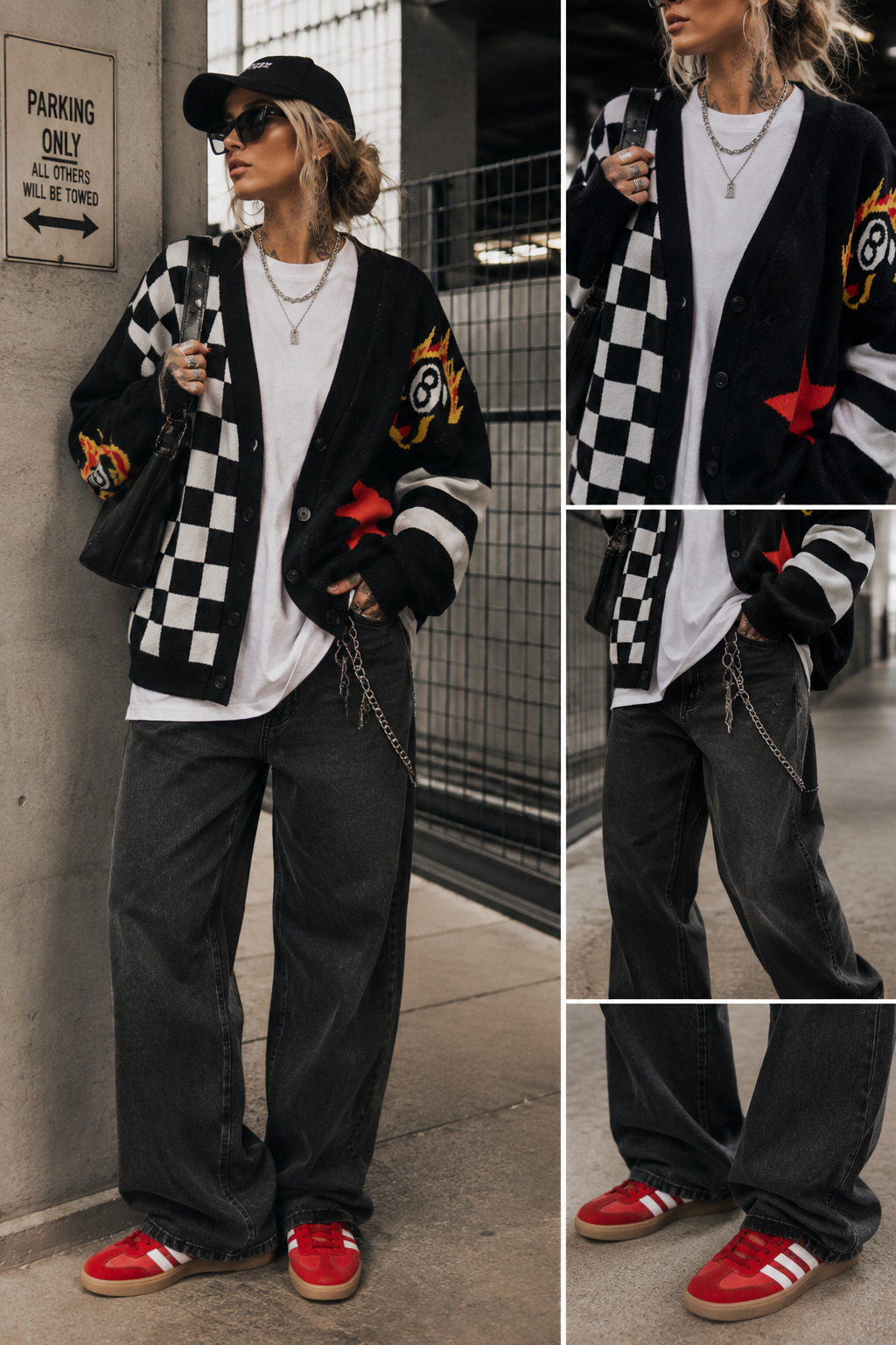 Zarah Skull Strickcardigan Schachbrett-8-Ball-Grafik