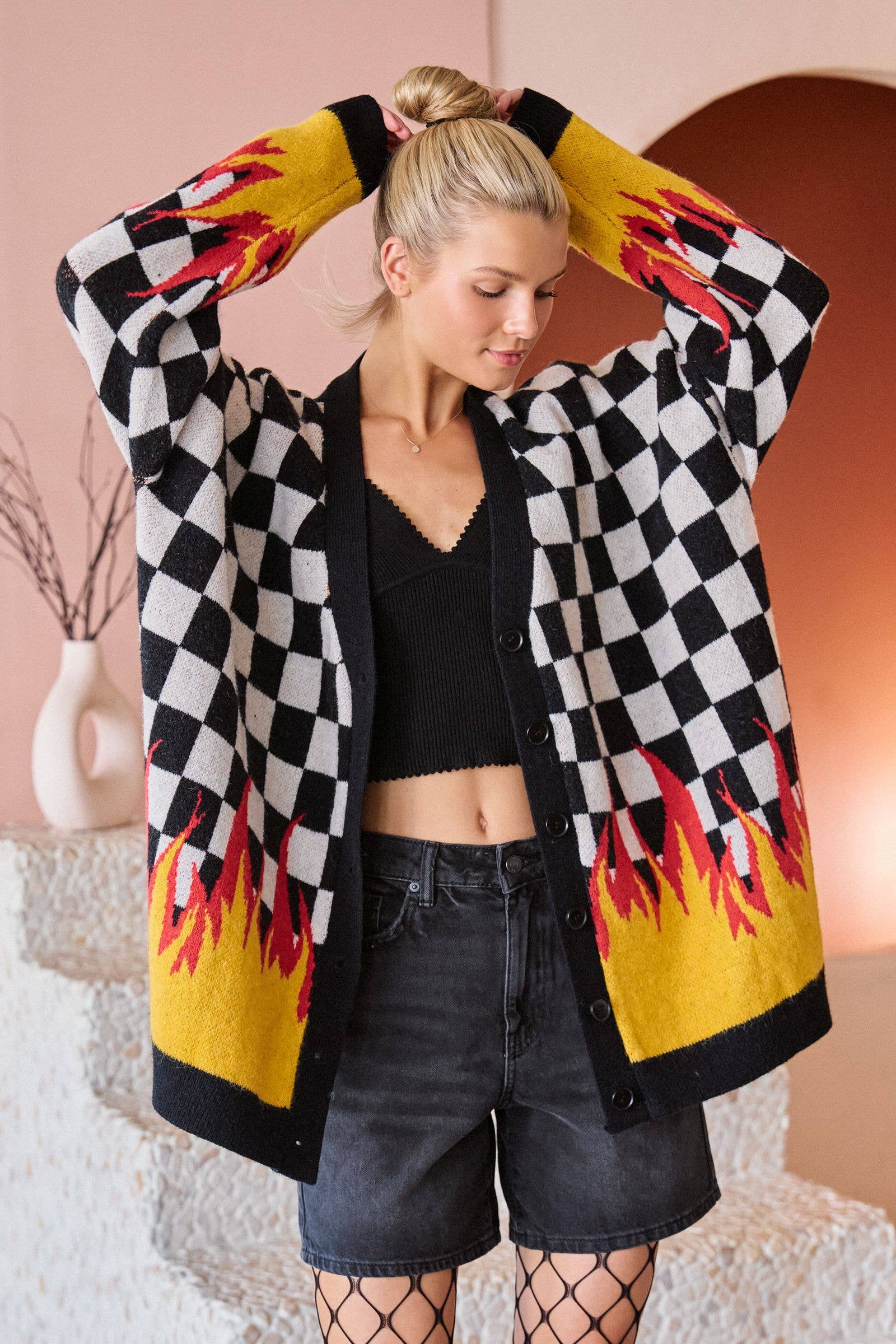 ZarahSkull Racing‑Flammen‑Strickjacke 1XL/2XL