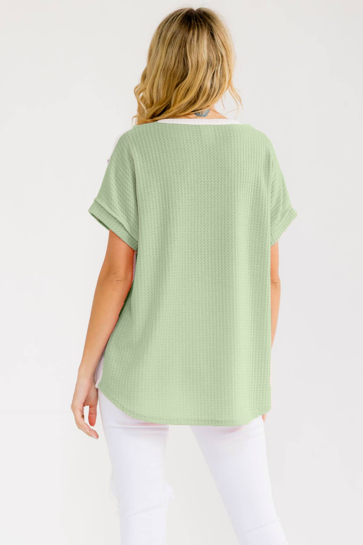ZarahSkull Plus Size Colorblock Waffelstrick Henley-Top grün-pastel