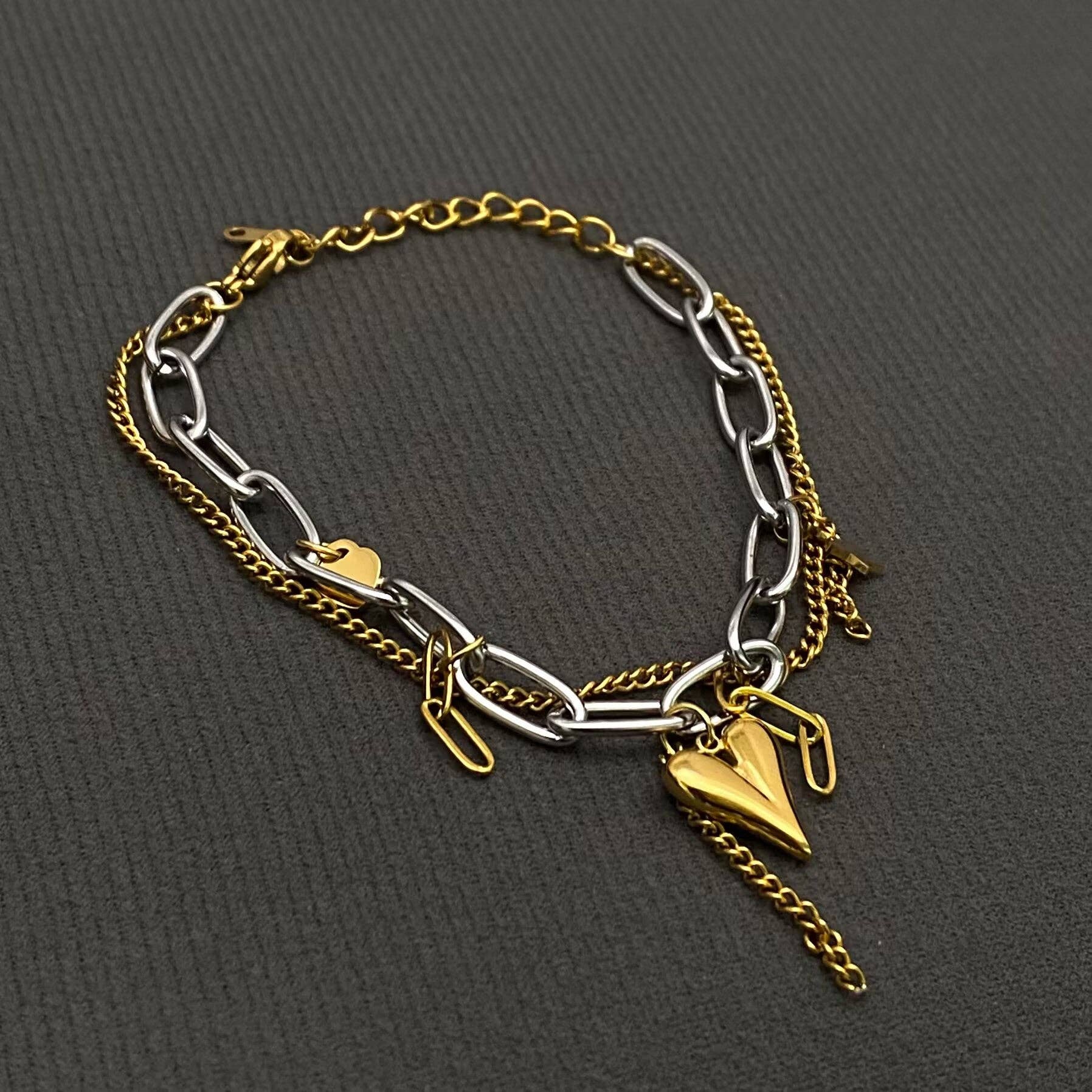18K vergoldetes Edelstahl Herz Charm Zweifarbiges Armband